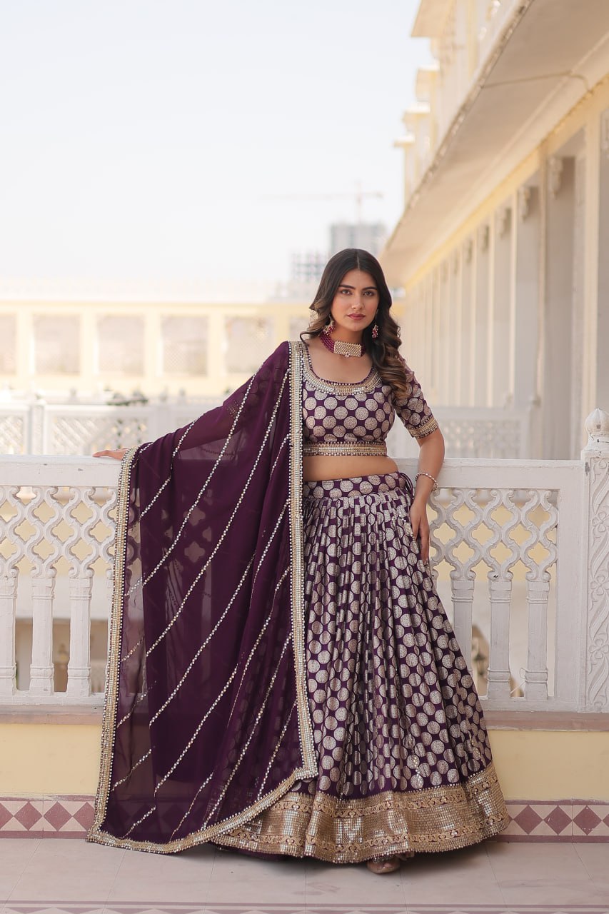 Stunning Dyeable Viscose Jacquard Wine Lehenga Set with Embroidered Sequins ClothsVilla Main image