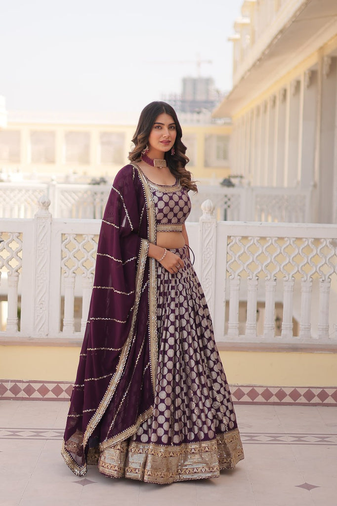 Stunning Dyeable Viscose Jacquard Wine Lehenga Set with Embroidered Sequins ClothsVilla