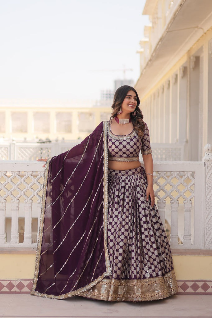 Stunning Dyeable Viscose Jacquard Wine Lehenga Set with Embroidered Sequins ClothsVilla