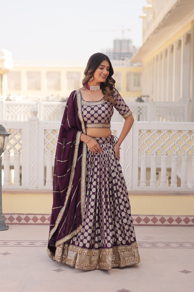 Stunning Dyeable Viscose Jacquard Wine Lehenga Set with Embroidered Sequins ClothsVilla