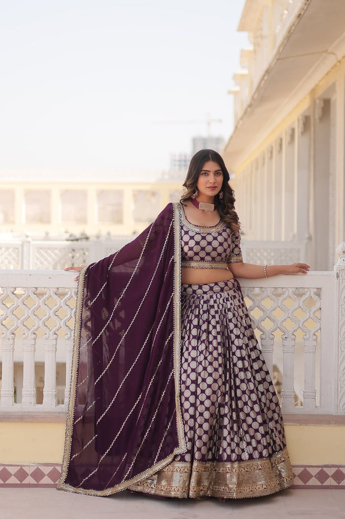 Stunning Dyeable Viscose Jacquard Wine Lehenga Set with Embroidered Sequins ClothsVilla