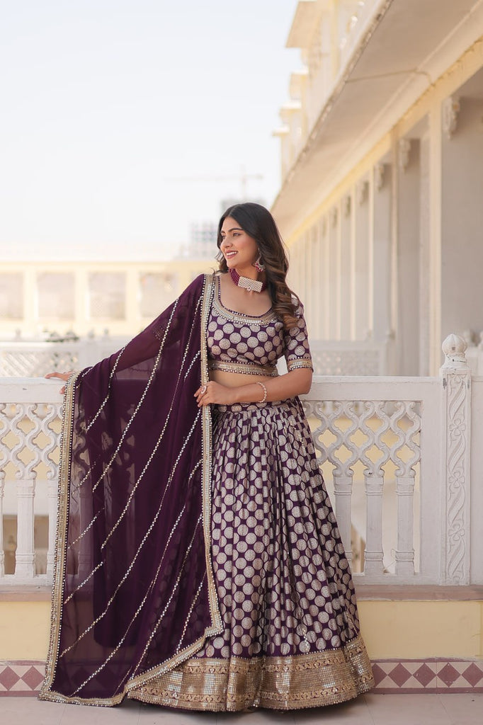 Stunning Dyeable Viscose Jacquard Wine Lehenga Set with Embroidered Sequins ClothsVilla