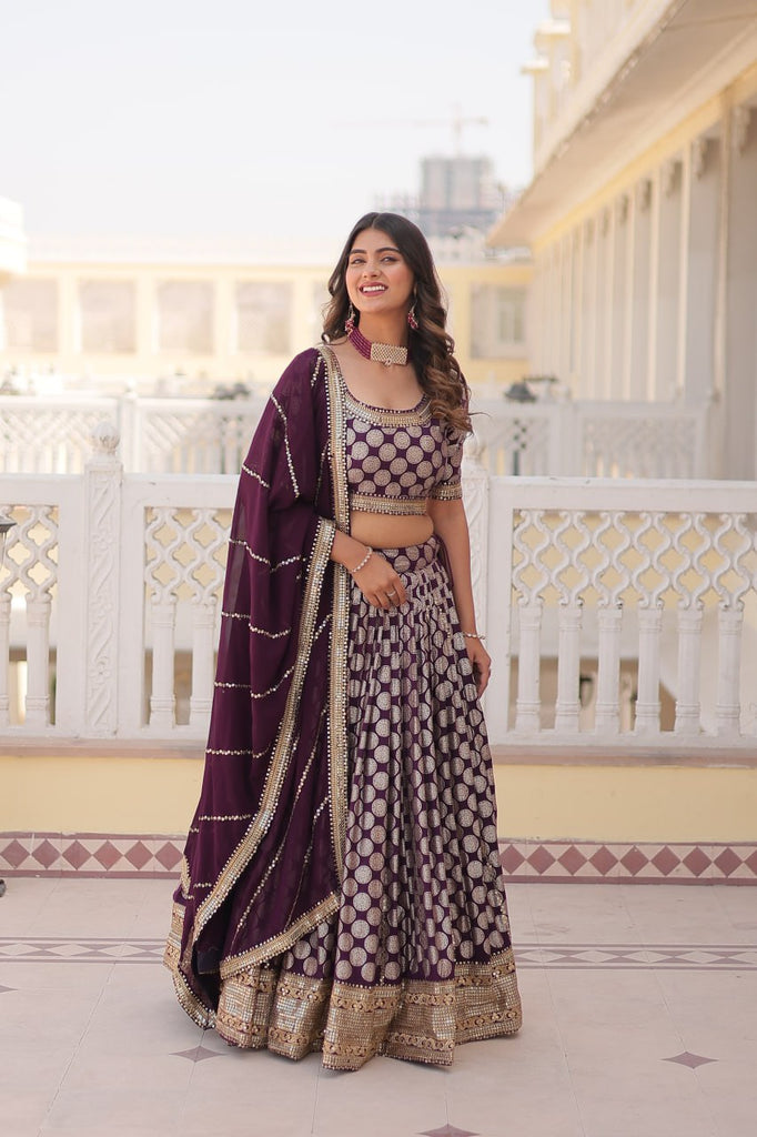 Stunning Dyeable Viscose Jacquard Wine Lehenga Set with Embroidered Sequins ClothsVilla