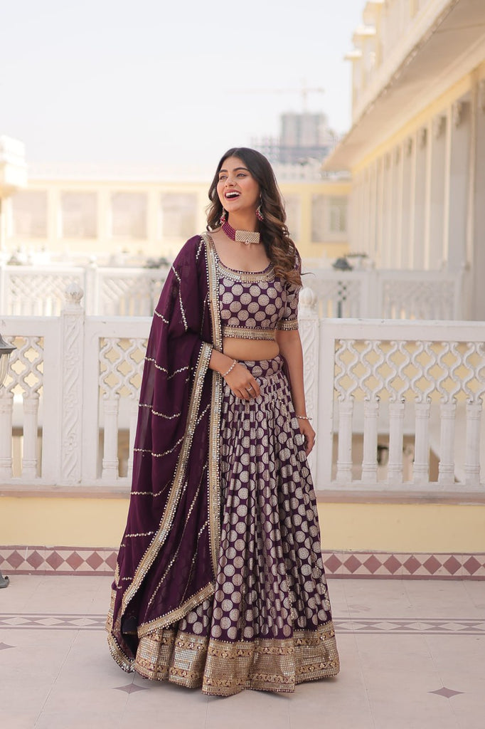 Stunning Dyeable Viscose Jacquard Wine Lehenga Set with Embroidered Sequins ClothsVilla