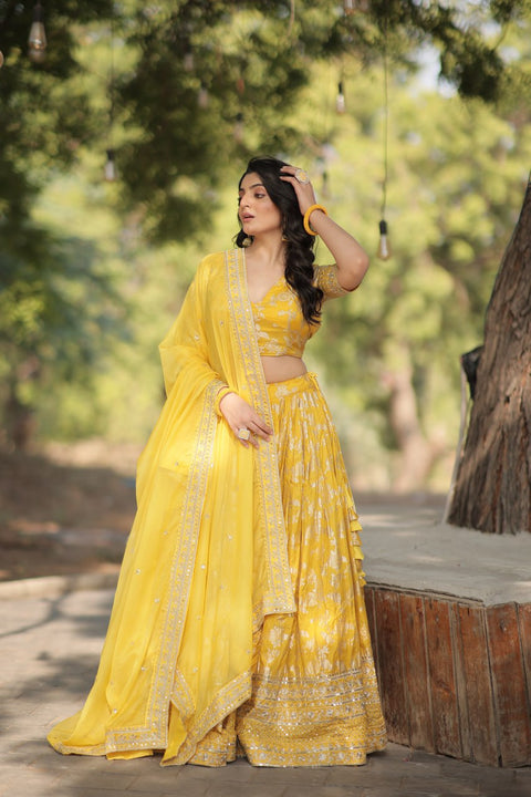 Stunning Dyeable Viscose Jacquard Yellow Lehenga Choli Set with Embroidered Sequins Work ClothsVilla Main image
