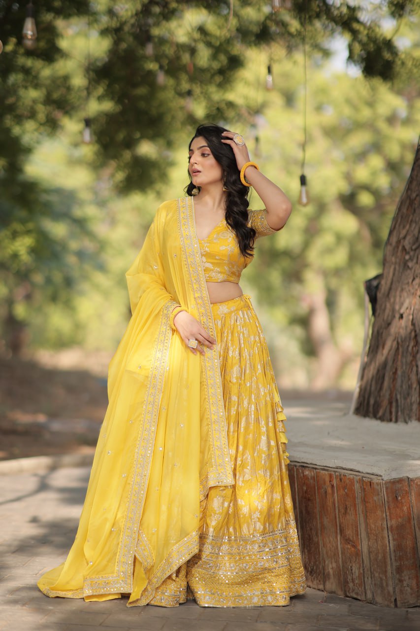Stunning Dyeable Viscose Jacquard Yellow Lehenga Choli Set with Embroidered Sequins Work ClothsVilla Main image