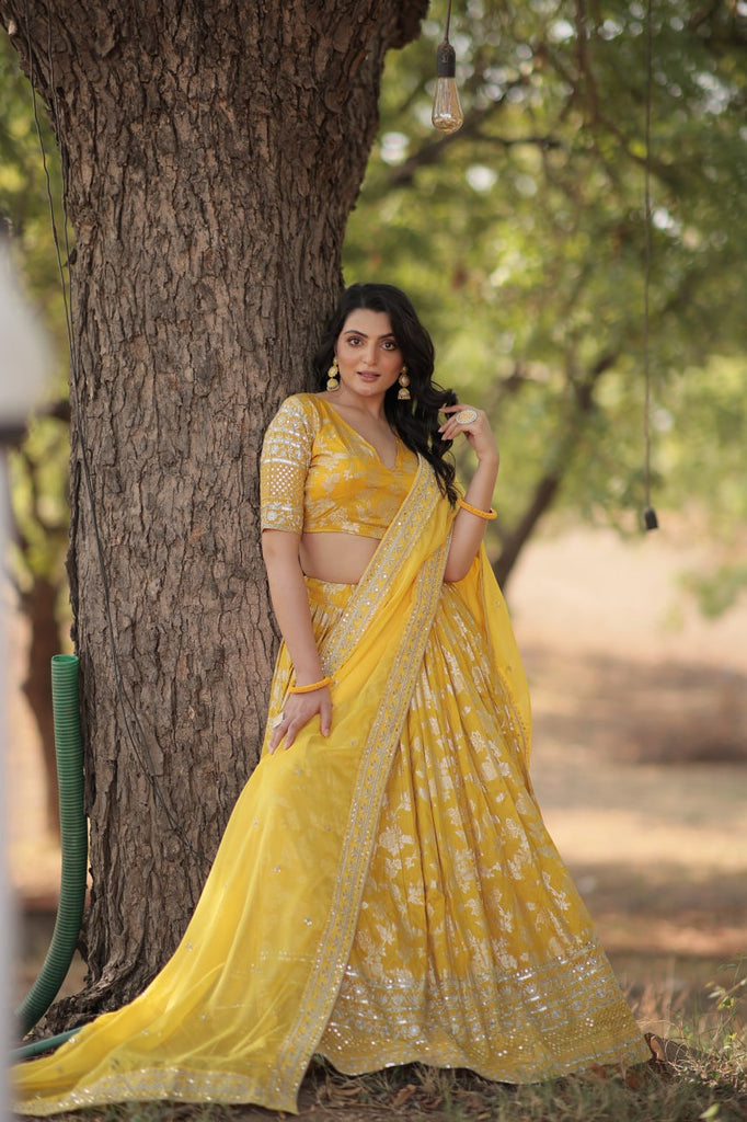 Stunning Dyeable Viscose Jacquard Yellow Lehenga Choli Set with Embroidered Sequins Work ClothsVilla