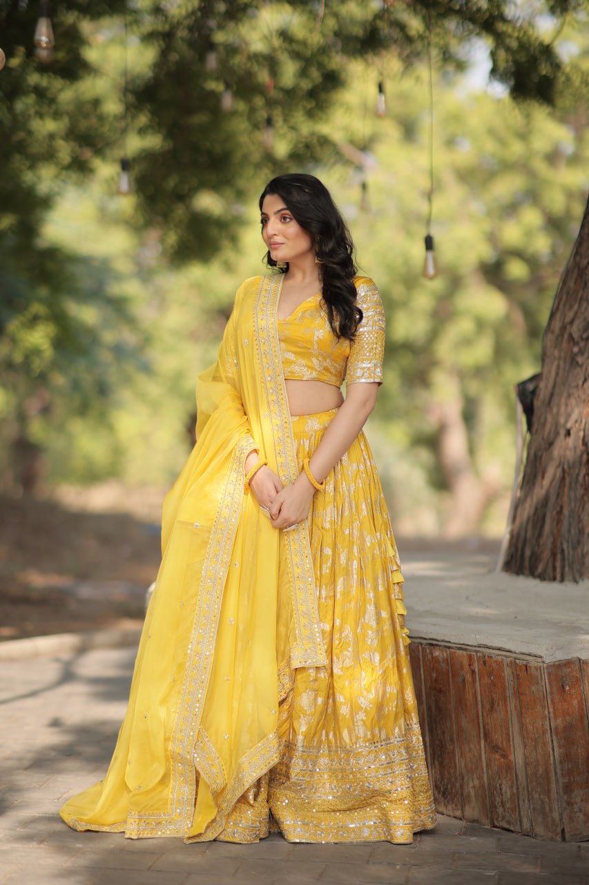 Stunning Dyeable Viscose Jacquard Yellow Lehenga Choli Set with Embroidered Sequins Work Secondary image