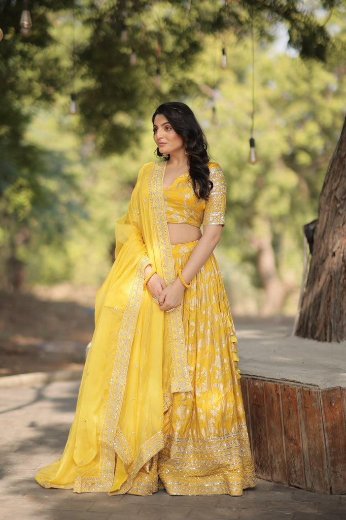 Stunning Dyeable Viscose Jacquard Yellow Lehenga Choli Set with Embroidered Sequins Work ClothsVilla