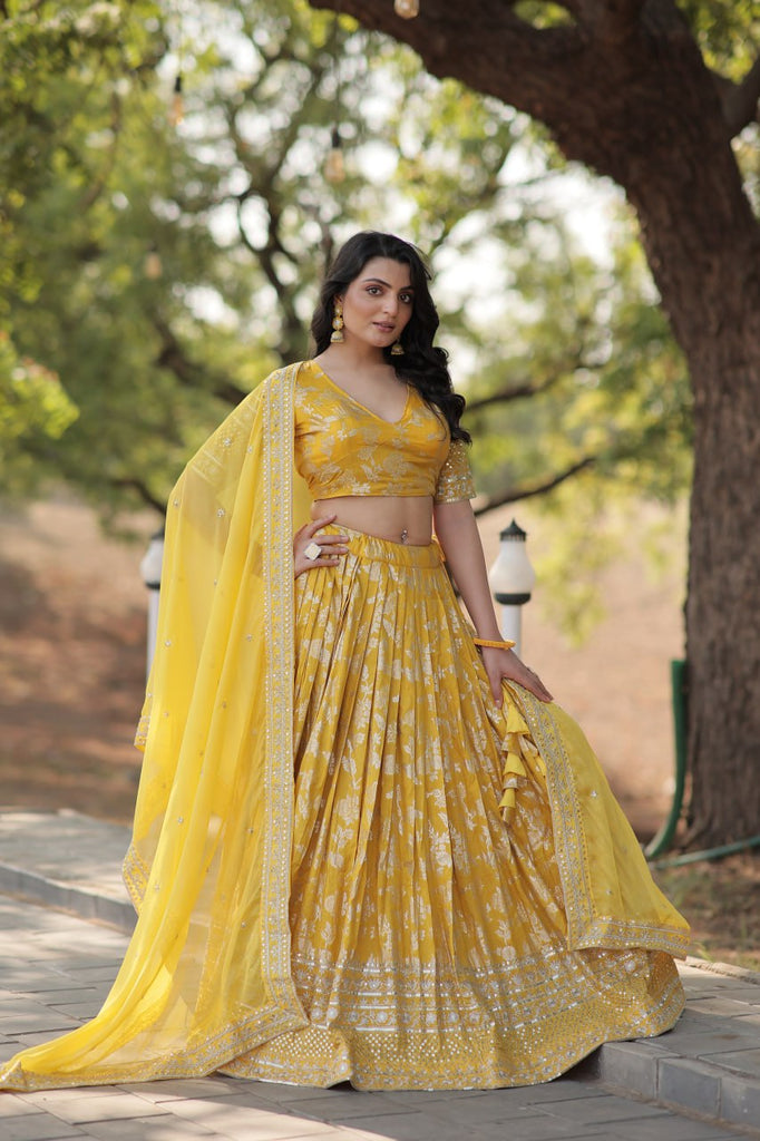 Stunning Dyeable Viscose Jacquard Yellow Lehenga Choli Set with Embroidered Sequins Work ClothsVilla