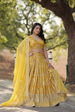 Load image into Gallery viewer, Stunning Dyeable Viscose Jacquard Yellow Lehenga Choli Set with Embroidered Sequins Work ClothsVilla