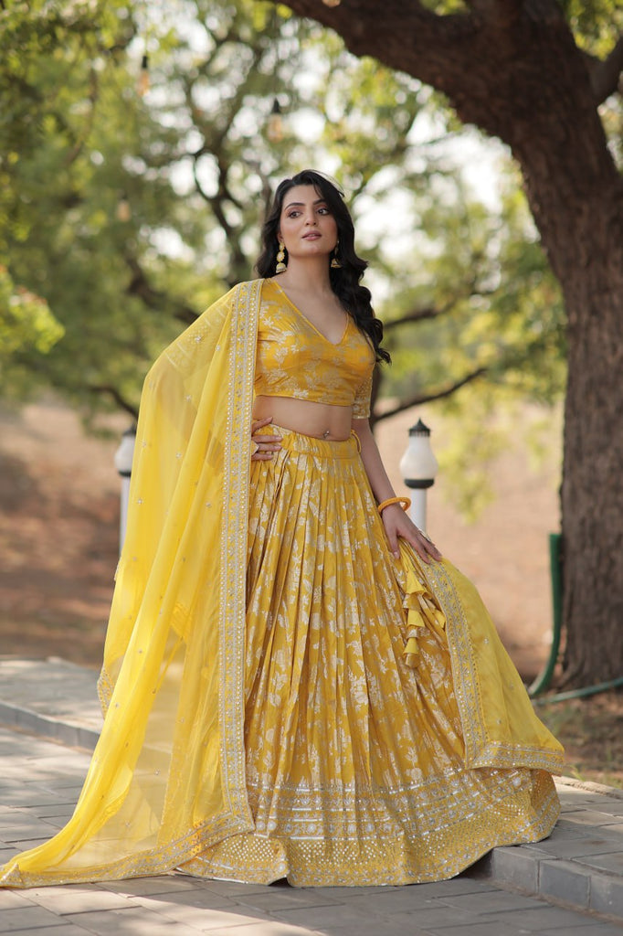 Stunning Dyeable Viscose Jacquard Yellow Lehenga Choli Set with Embroidered Sequins Work ClothsVilla