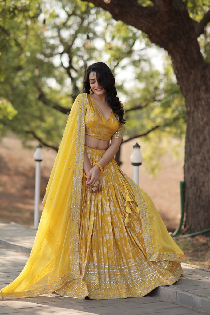 Stunning Dyeable Viscose Jacquard Yellow Lehenga Choli Set with Embroidered Sequins Work ClothsVilla