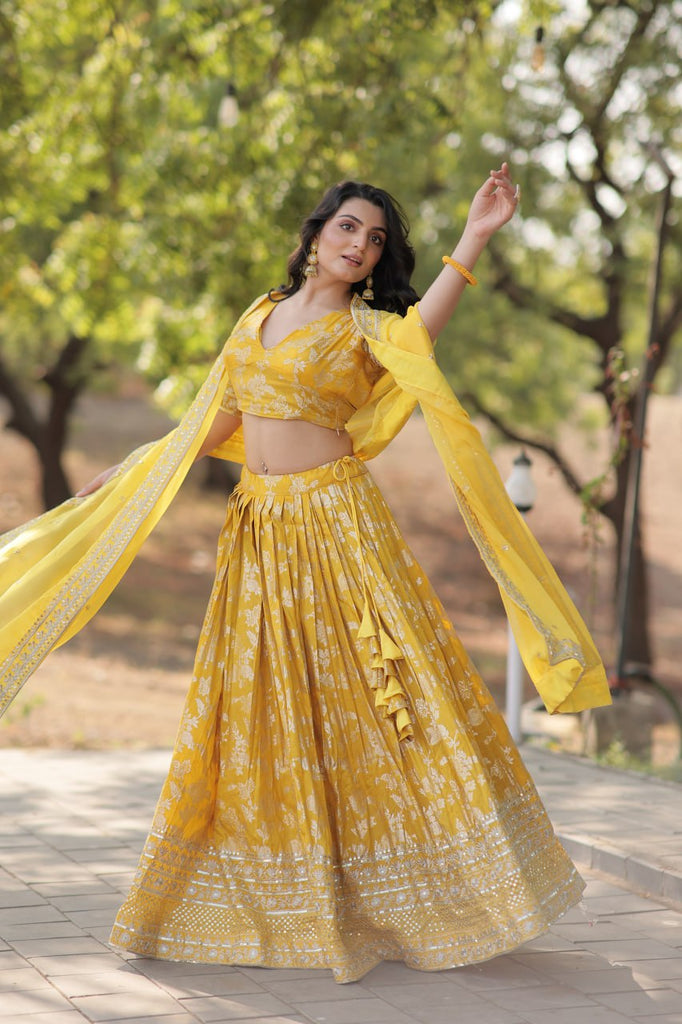 Stunning Dyeable Viscose Jacquard Yellow Lehenga Choli Set with Embroidered Sequins Work ClothsVilla