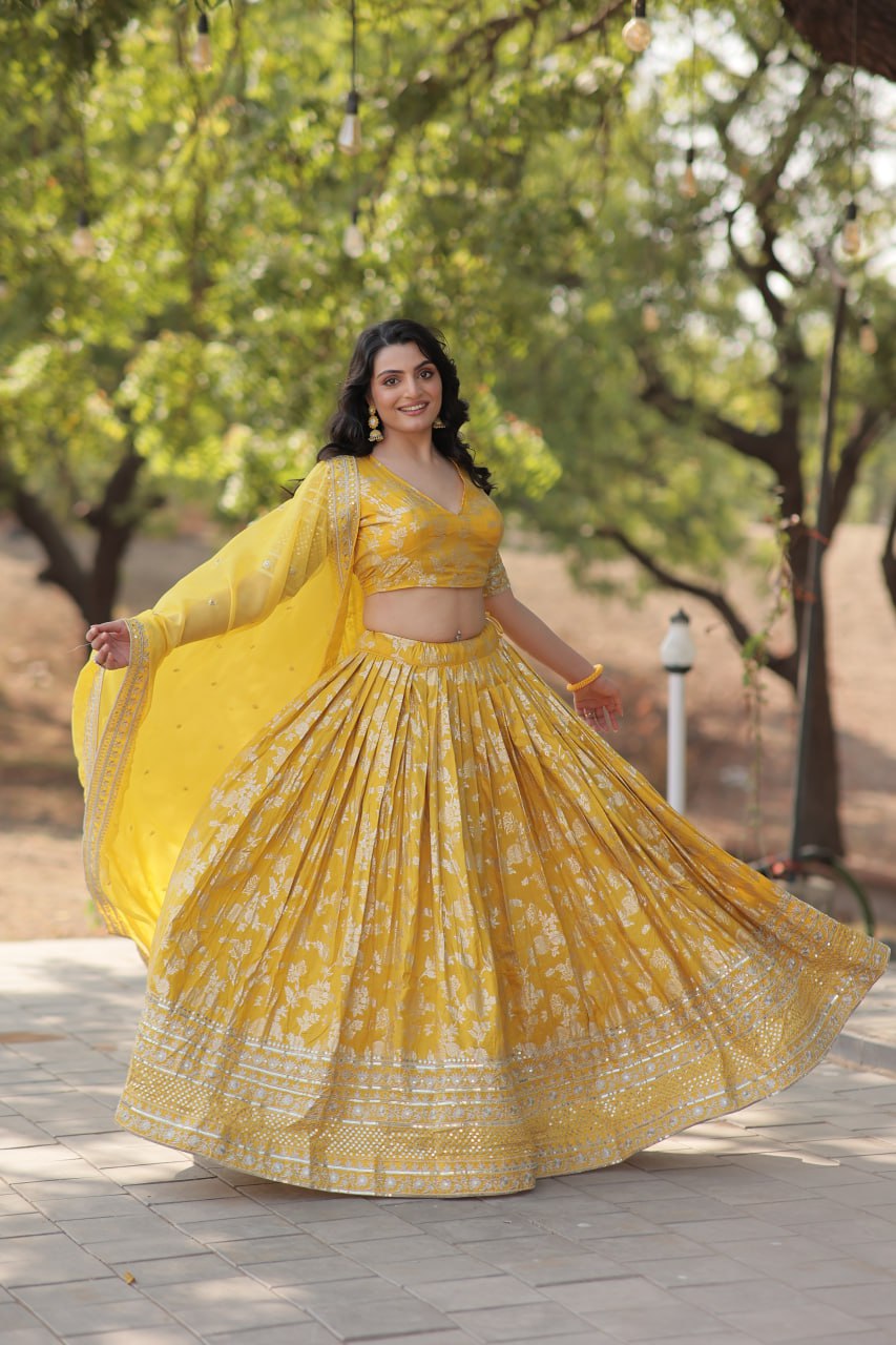 Stunning Dyeable Viscose Jacquard Yellow Lehenga Choli Set with Embroidered Sequins Work ClothsVilla