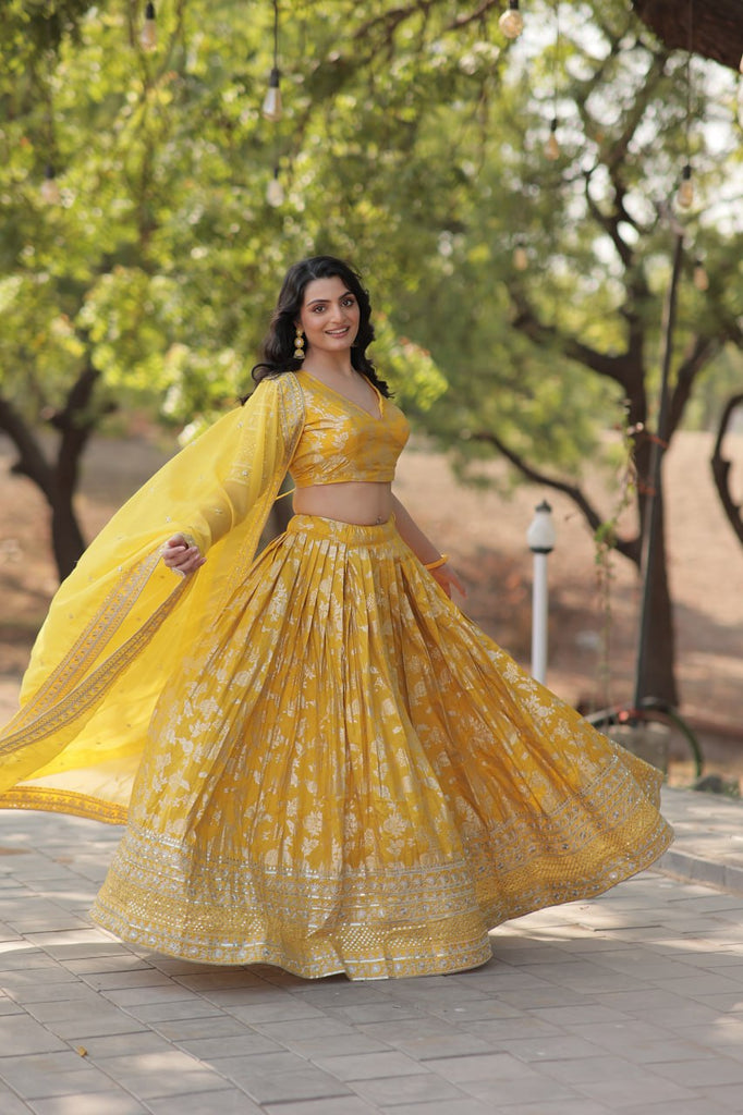 Stunning Dyeable Viscose Jacquard Yellow Lehenga Choli Set with Embroidered Sequins Work ClothsVilla