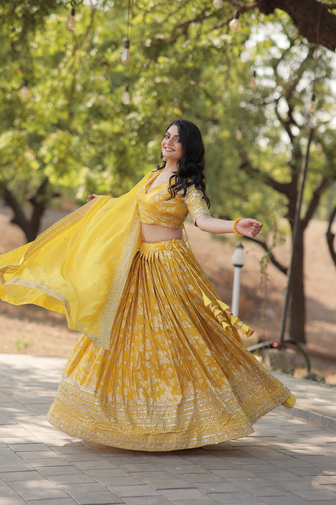 Stunning Dyeable Viscose Jacquard Yellow Lehenga Choli Set with Embroidered Sequins Work ClothsVilla