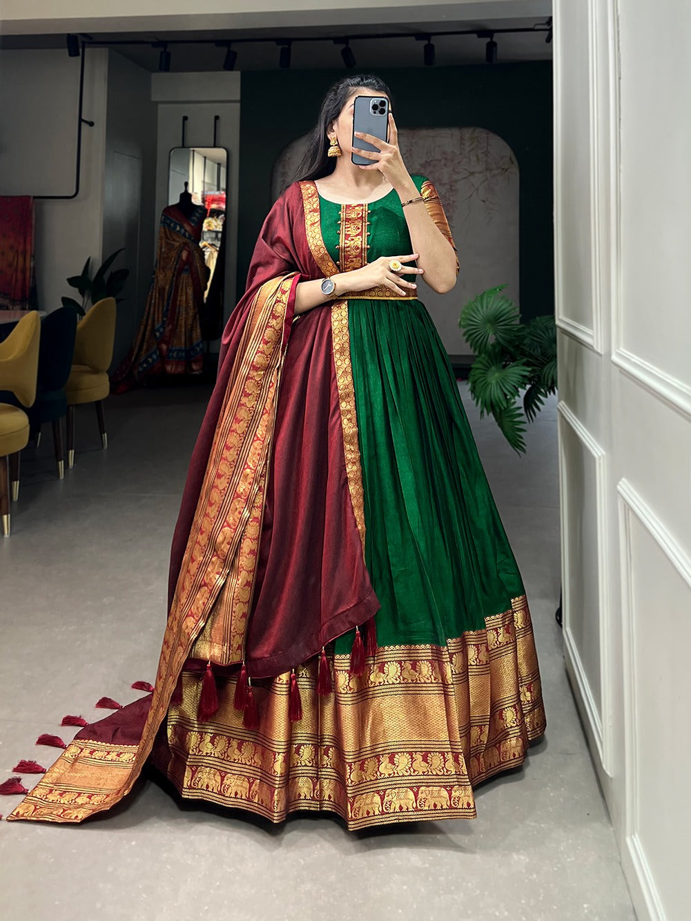 Stunning Green Traditional Narayanpet Gown with Dupatta & Belt ClothsVilla Main image