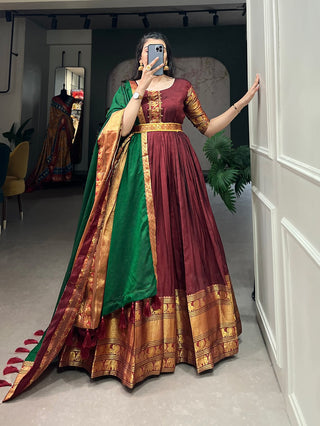Stunning Maroon Traditional Narayanpet Gown with Dupatta & Belt ClothsVilla
