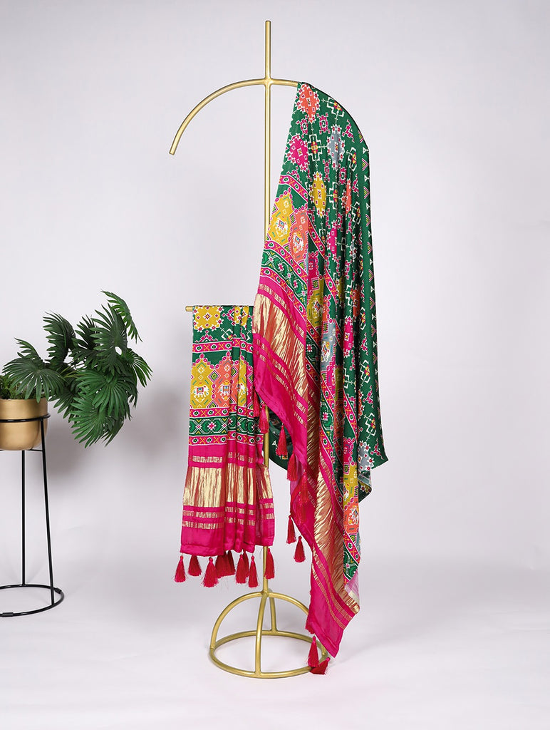 Stunning Multi Color Gaji Silk Bandhej Dupatta with Digital Print & Lagadi Patti Work ClothsVilla