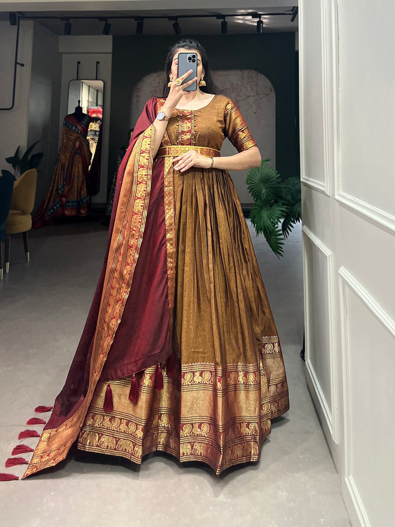 Stunning Mustard Traditional Narayanpet Gown with Dupatta & Belt ClothsVilla
