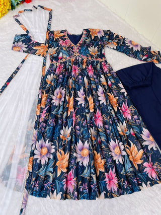 Stunning Navy Blue Alia Cut Dress Set - Party Ready with Mirror Work & Chiffon Dupatta ClothsVilla