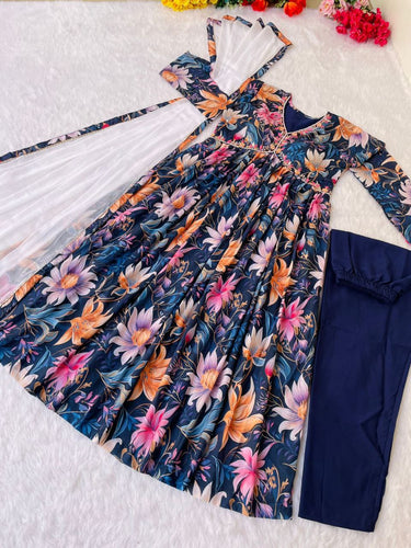 Stunning Navy Blue Alia Cut Dress Set - Party Ready with Mirror Work & Chiffon Dupatta ClothsVilla