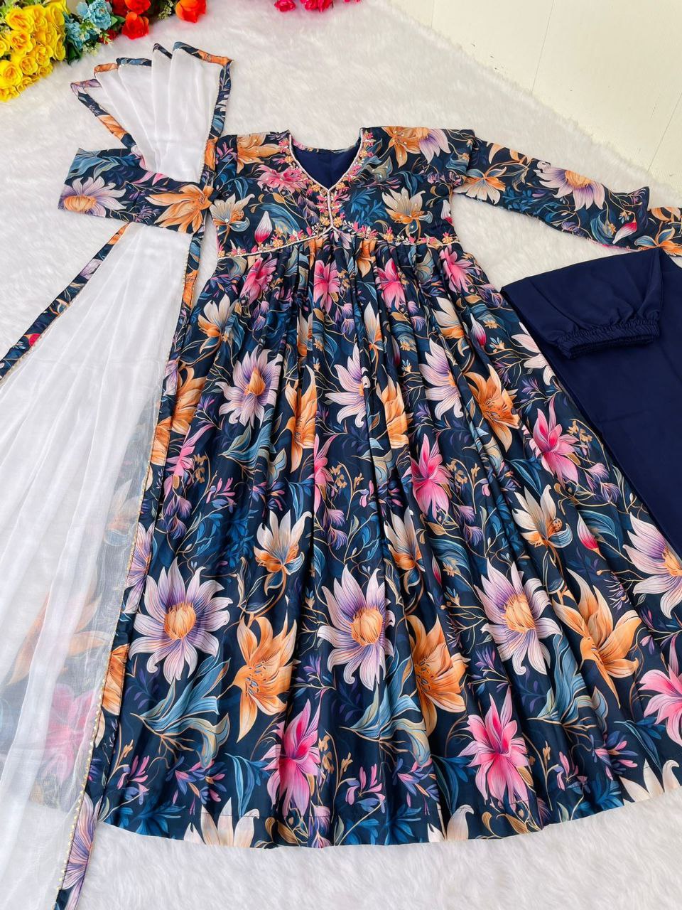Stunning Navy Blue Alia Cut Dress Set - Party Ready with Mirror Work & Chiffon Dupatta ClothsVilla