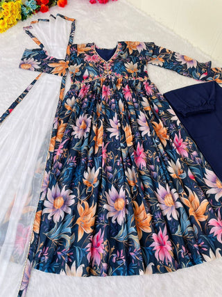 Stunning Navy Blue Alia Cut Dress Set - Party Ready with Mirror Work & Chiffon Dupatta ClothsVilla