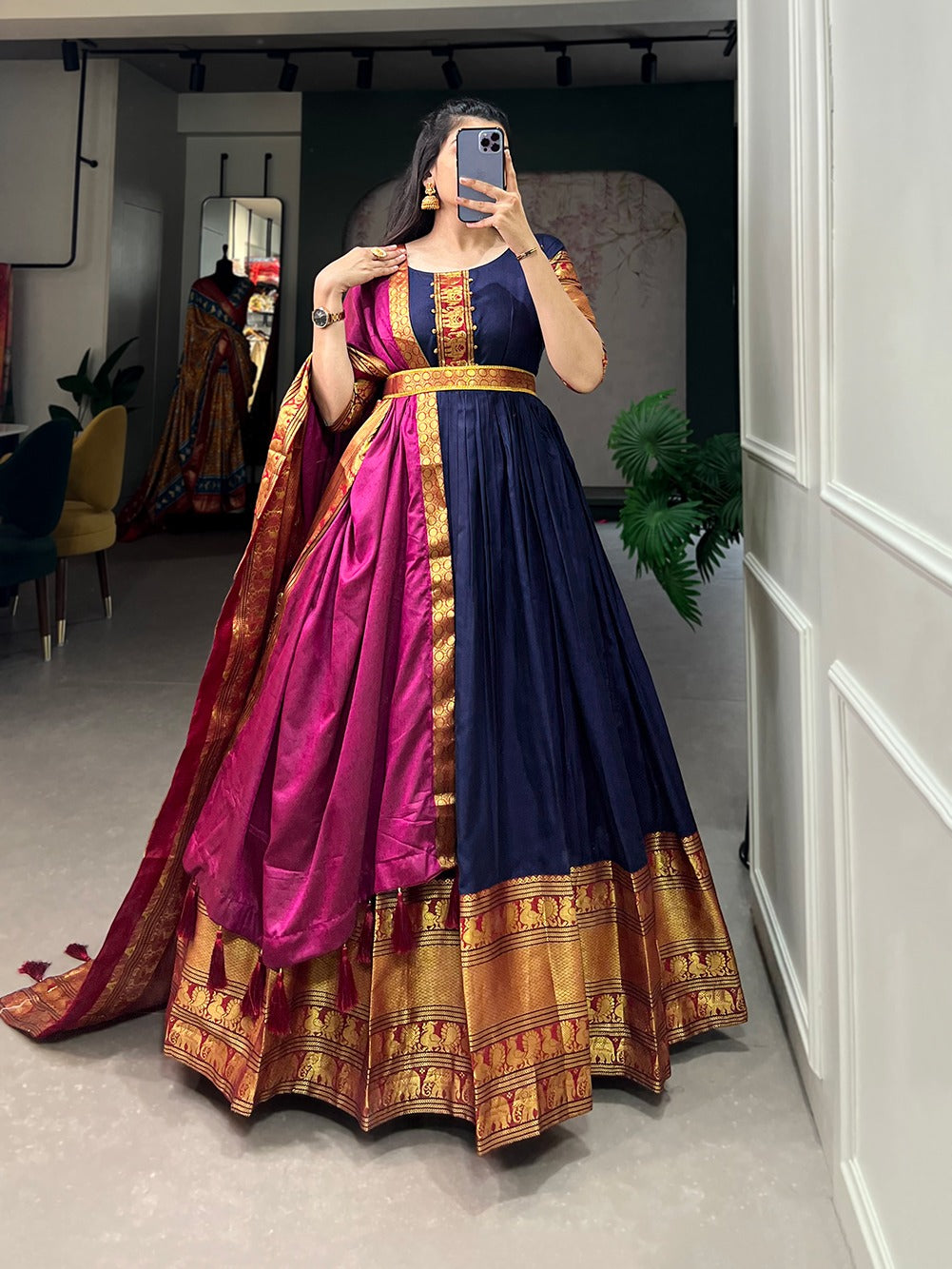 Stunning Navy Blue Traditional Narayanpet Gown with Dupatta & Belt ClothsVilla