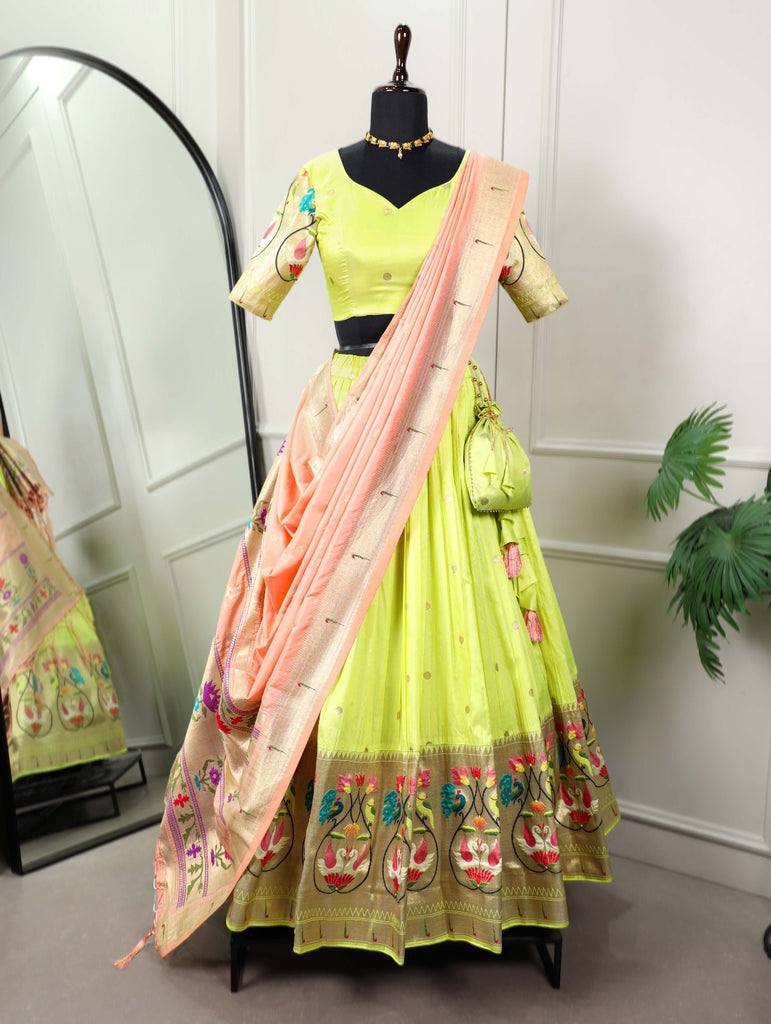 Stunning Parrot Green Paithani Lehenga Choli - Embrace Tradition in Style ClothsVilla