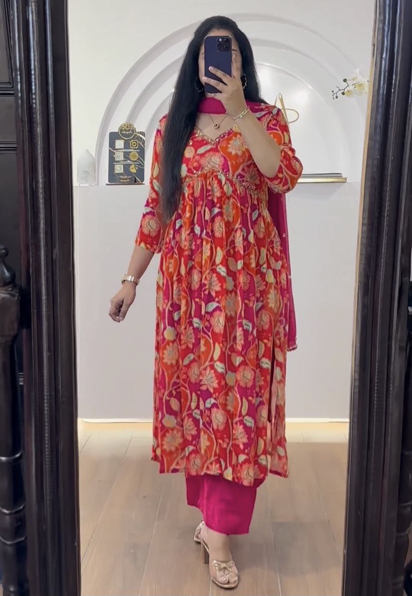 Stunning Pink Muslin Alia Cut Suit Set with Dazzling Handwork & Embroidery ClothsVilla