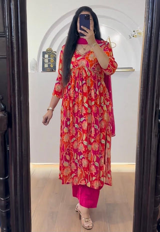 Stunning Pink Muslin Alia Cut Suit Set with Dazzling Handwork & Embroidery ClothsVilla