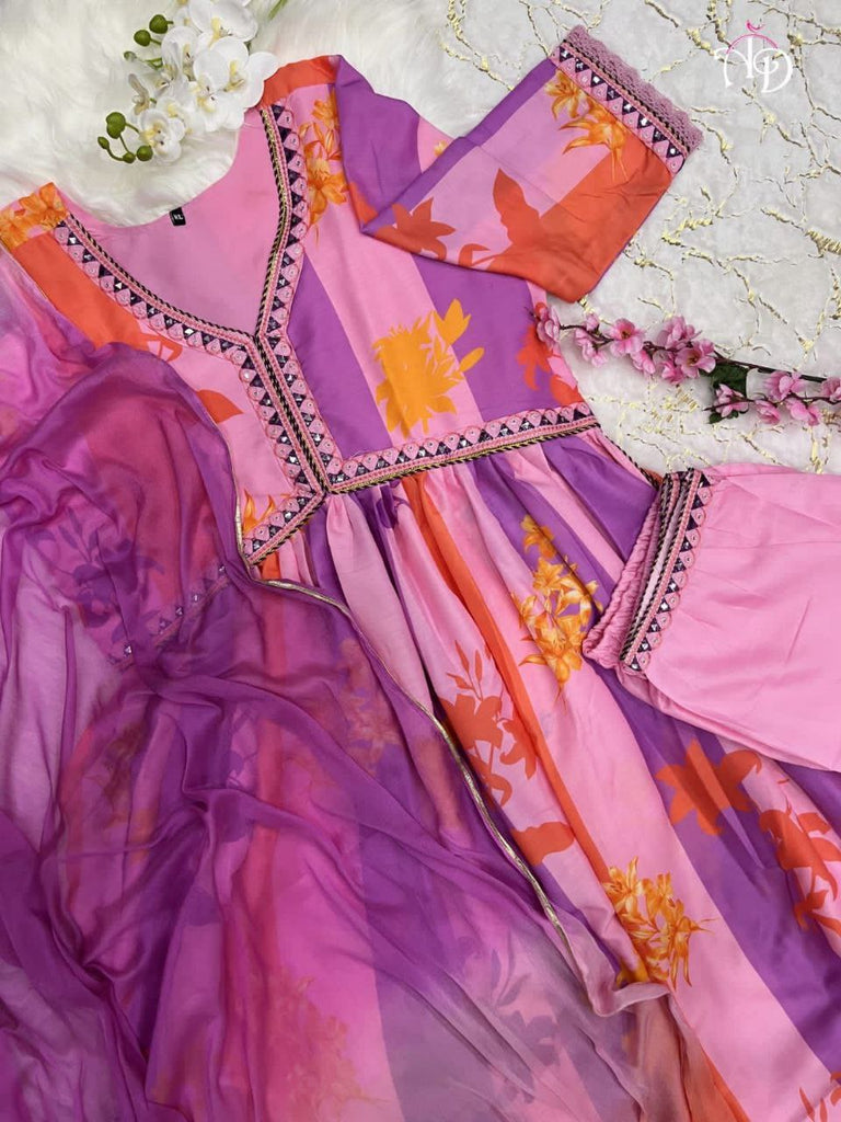 Stunning Pink & Purple Alia Cut Muslin Suit Set with Hand Embroidery & Digital Shine ClothsVilla