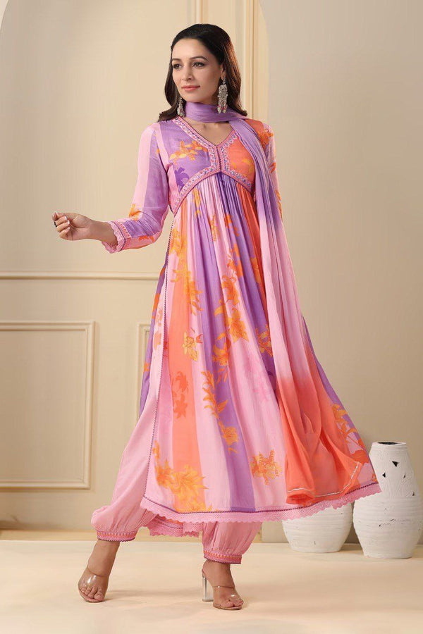 Stunning Pink & Purple Alia Cut Muslin Suit Set with Hand Embroidery & Digital Shine ClothsVilla