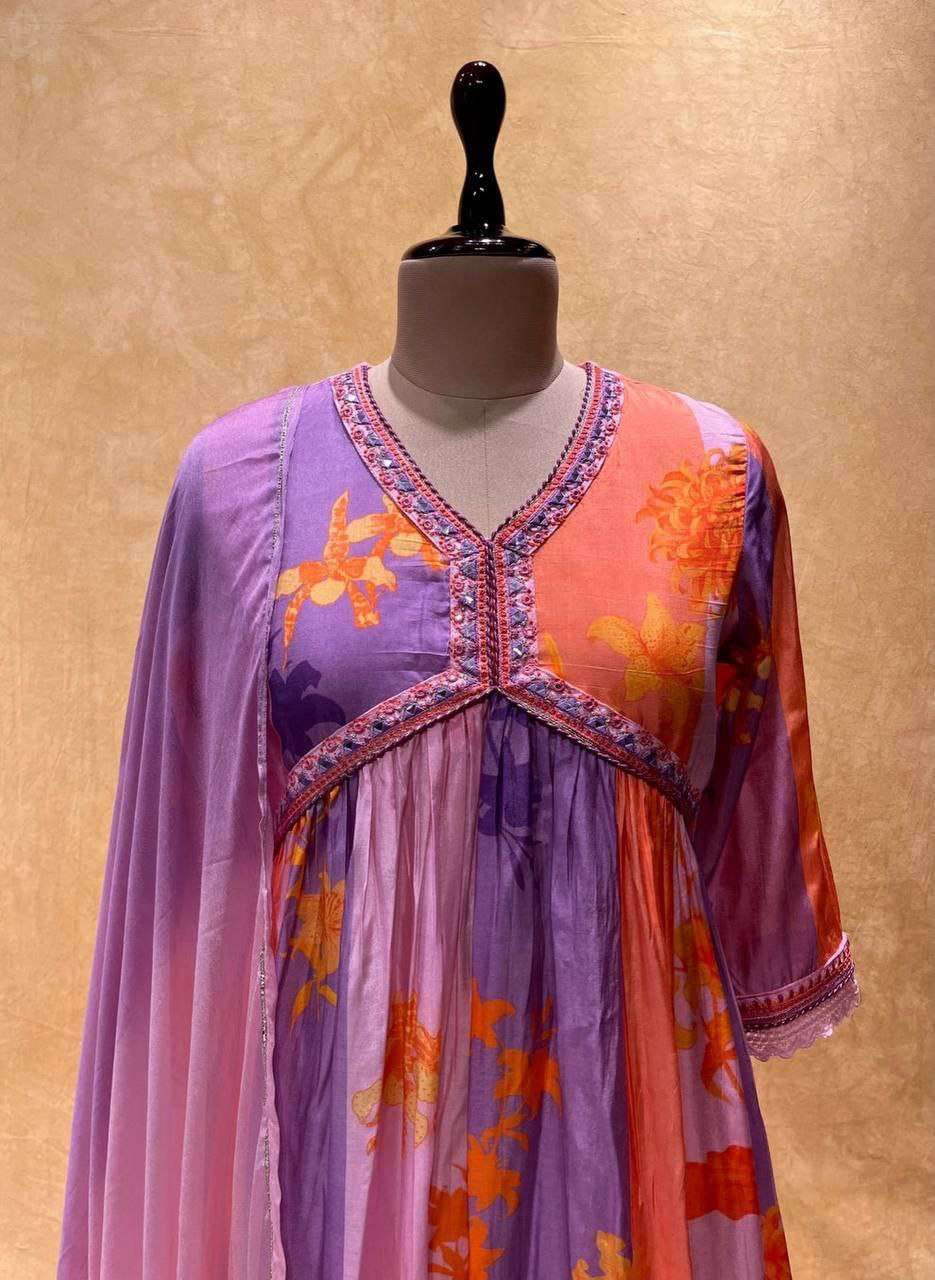 Stunning Pink & Purple Alia Cut Muslin Suit Set with Hand Embroidery & Digital Shine ClothsVilla