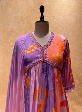 Stunning Pink & Purple Alia Cut Muslin Suit Set with Hand Embroidery & Digital Shine ClothsVilla