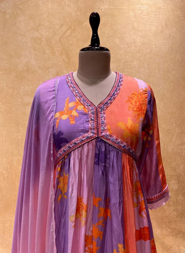 Stunning Pink & Purple Alia Cut Muslin Suit Set with Hand Embroidery & Digital Shine ClothsVilla