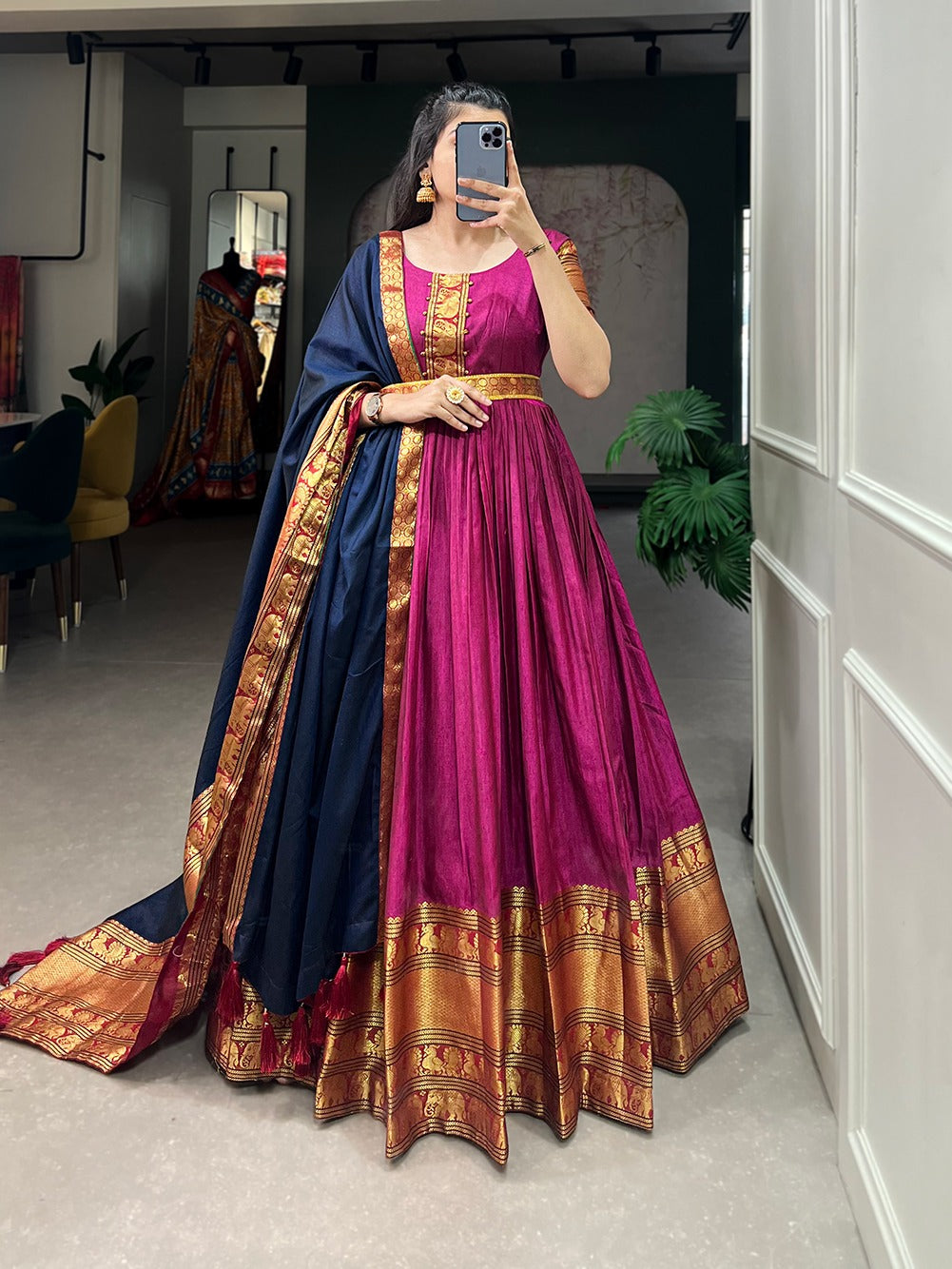 Stunning Pink Traditional Narayanpet Gown with Dupatta & Belt ClothsVilla