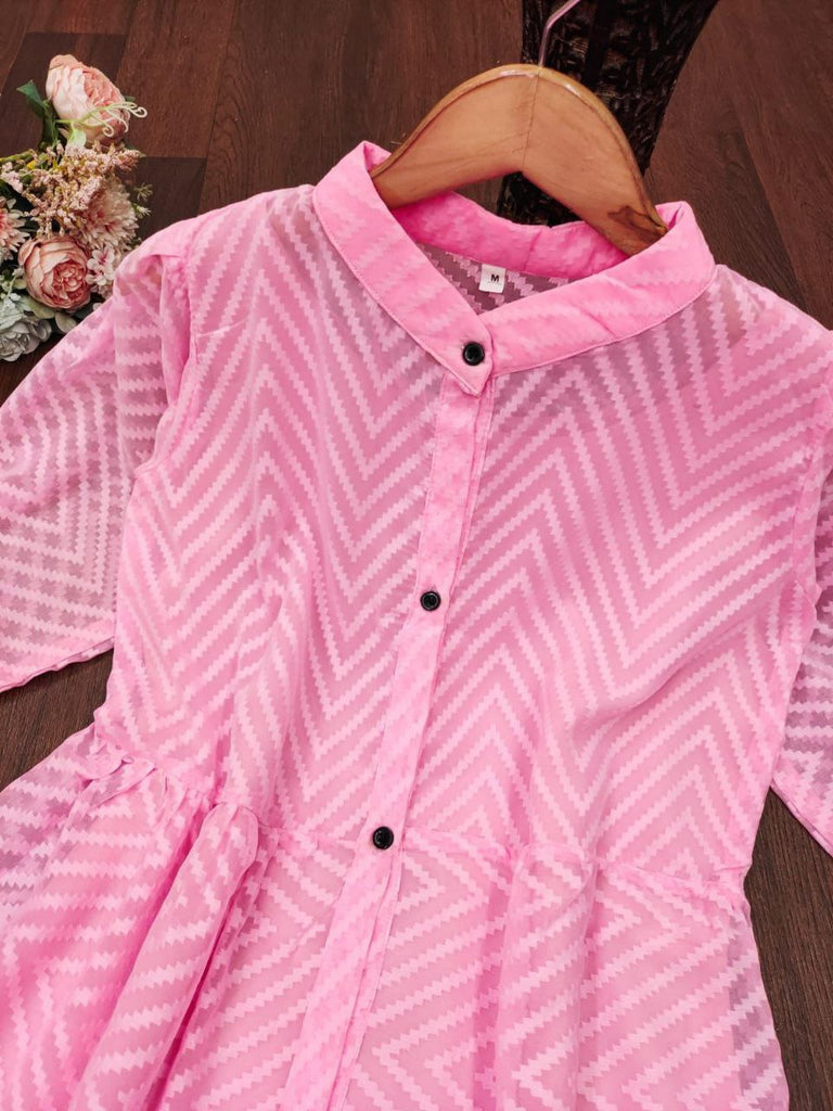 Stunning Pink Zik Zak Georgette Jacket Kurti with Flared Silhouette ClothsVilla
