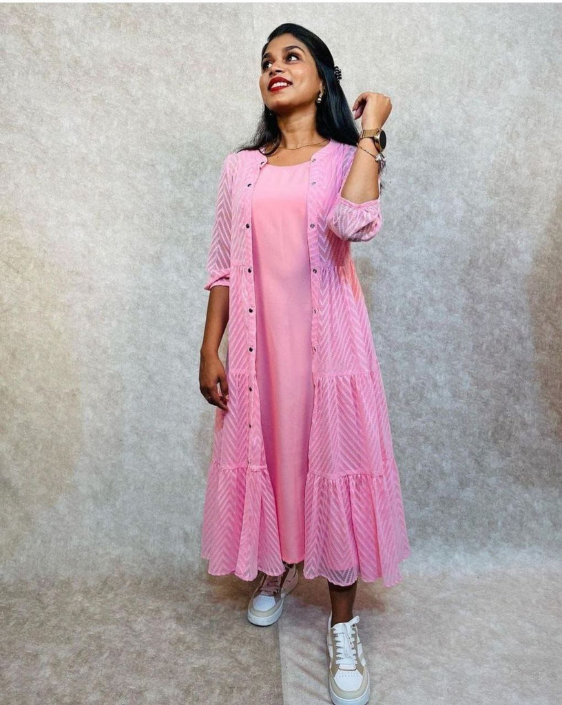 Stunning Pink Zik Zak Georgette Jacket Kurti with Flared Silhouette ClothsVilla