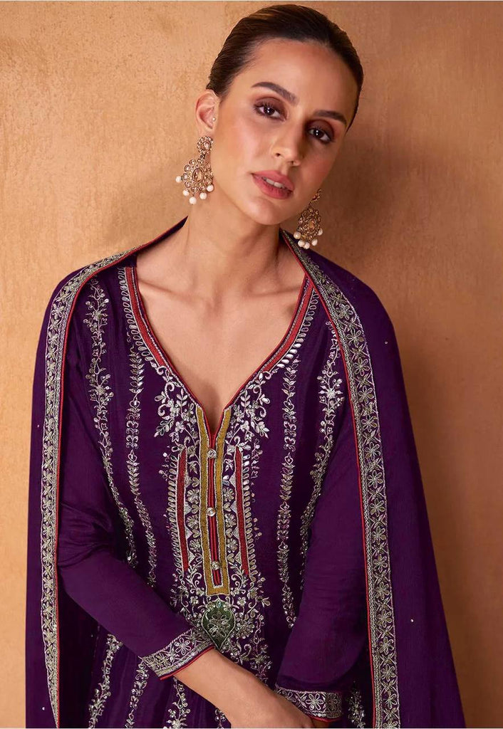 Stunning Purple Embroidered Chinon Salwar Suit Set with Dupatta ClothsVilla
