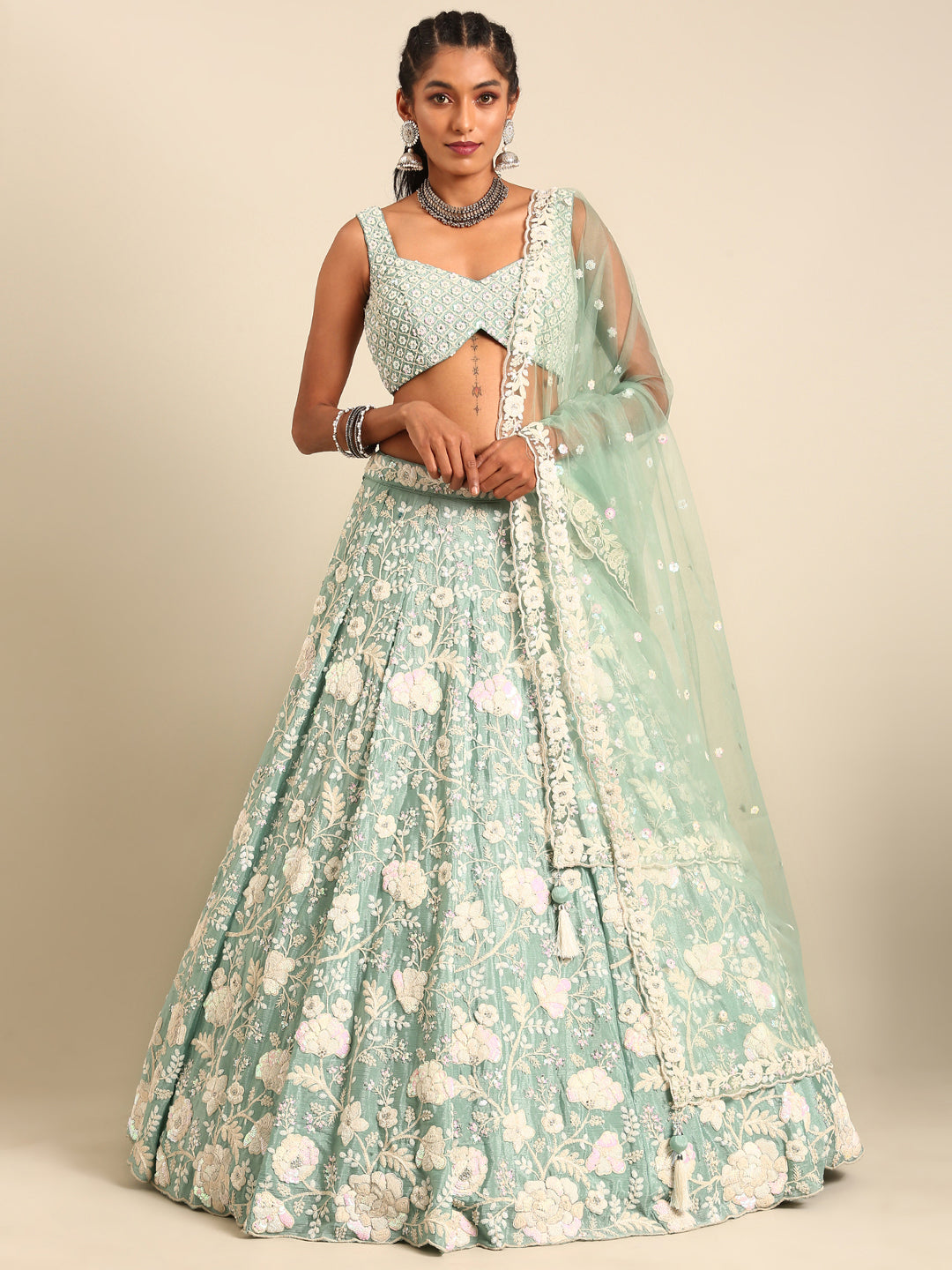 Stunning Sea Green Chinon Lehenga with Zardosi Embroidery and Sequins ClothsVilla
