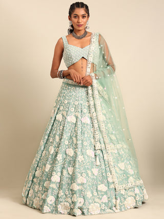 Stunning Sea Green Chinon Lehenga with Zardosi Embroidery and Sequins ClothsVilla