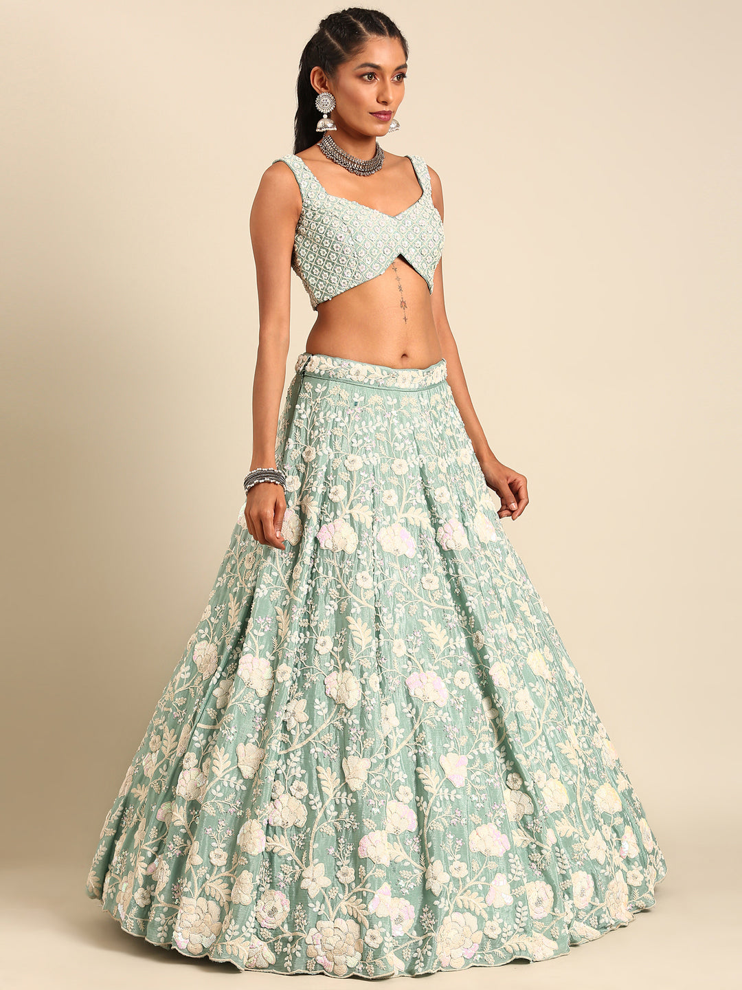 Stunning Sea Green Chinon Lehenga with Zardosi Embroidery and Sequins ClothsVilla