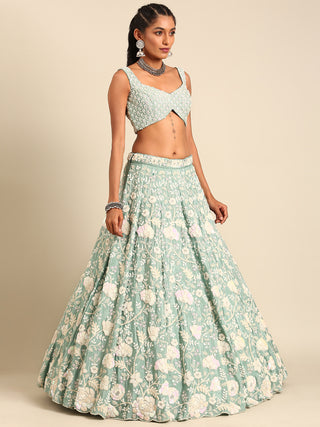 Stunning Sea Green Chinon Lehenga with Zardosi Embroidery and Sequins ClothsVilla