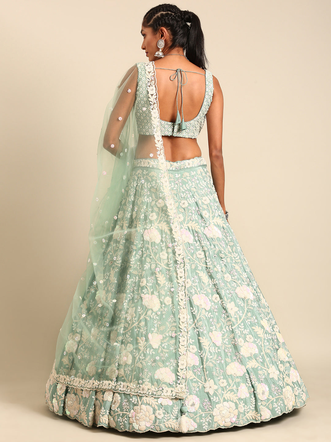 Stunning Sea Green Chinon Lehenga with Zardosi Embroidery and Sequins ClothsVilla