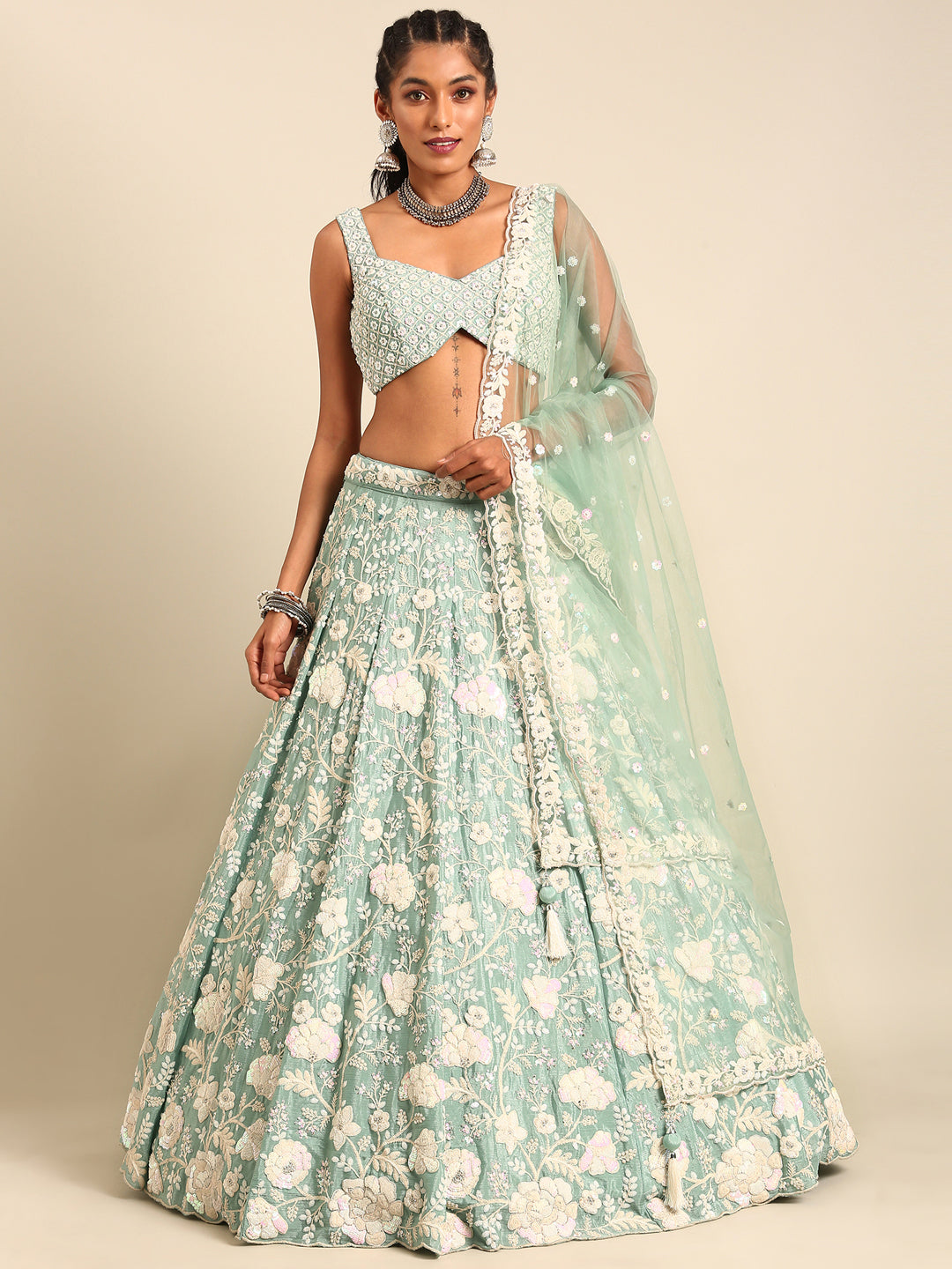 Stunning Sea Green Chinon Lehenga with Zardosi Embroidery and Sequins ClothsVilla