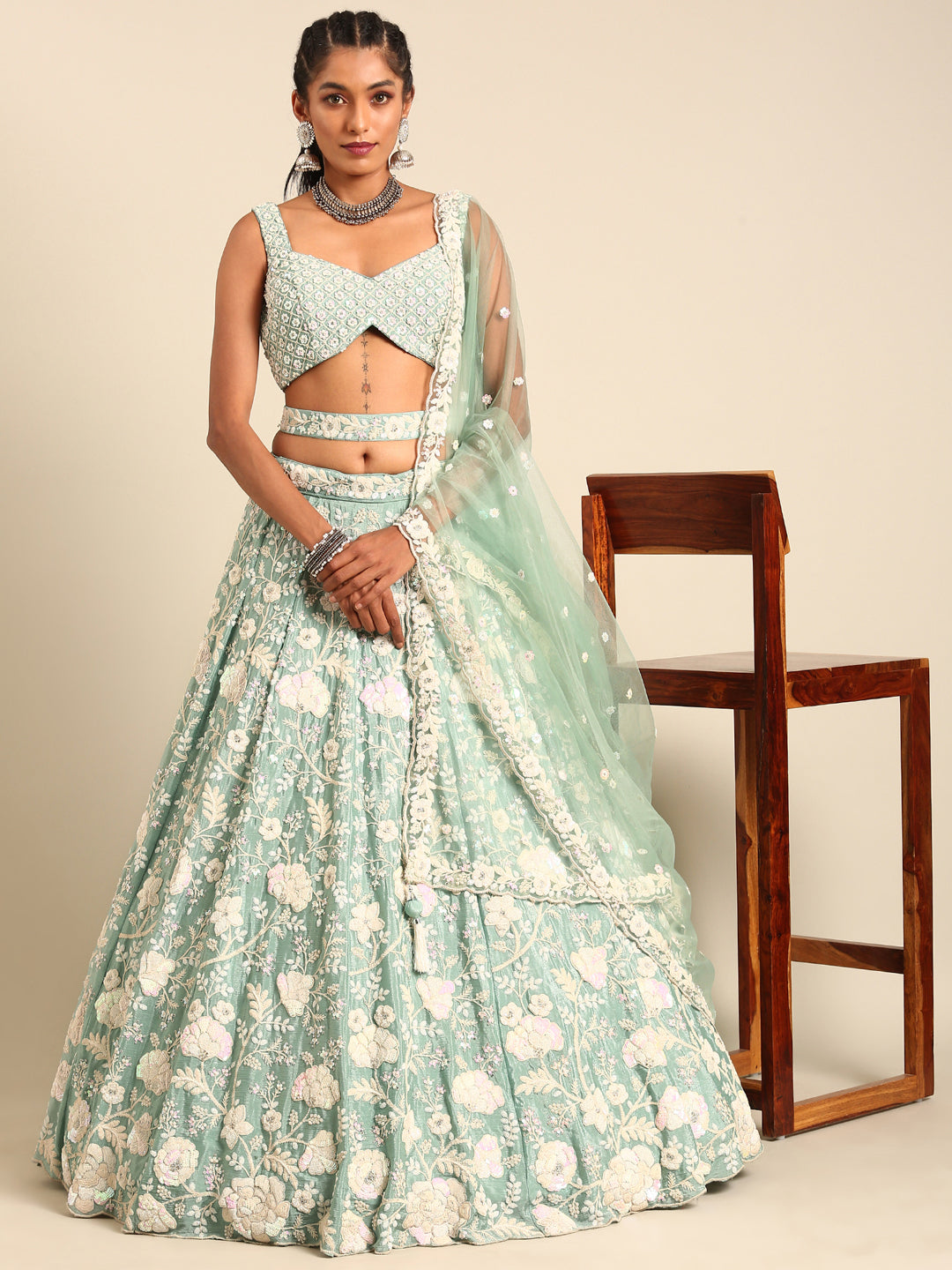 Stunning Sea Green Chinon Lehenga with Zardosi Embroidery and Sequins ClothsVilla