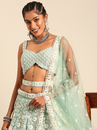Stunning Sea Green Chinon Lehenga with Zardosi Embroidery and Sequins ClothsVilla
